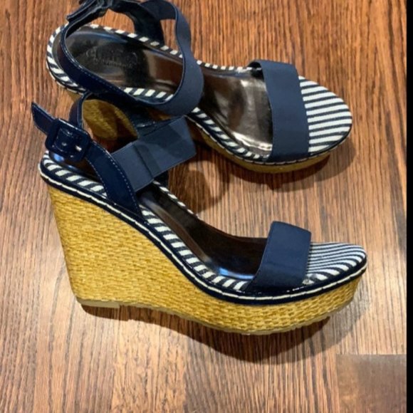 Navy and White Wedge Sandals - Picture 2 of 2